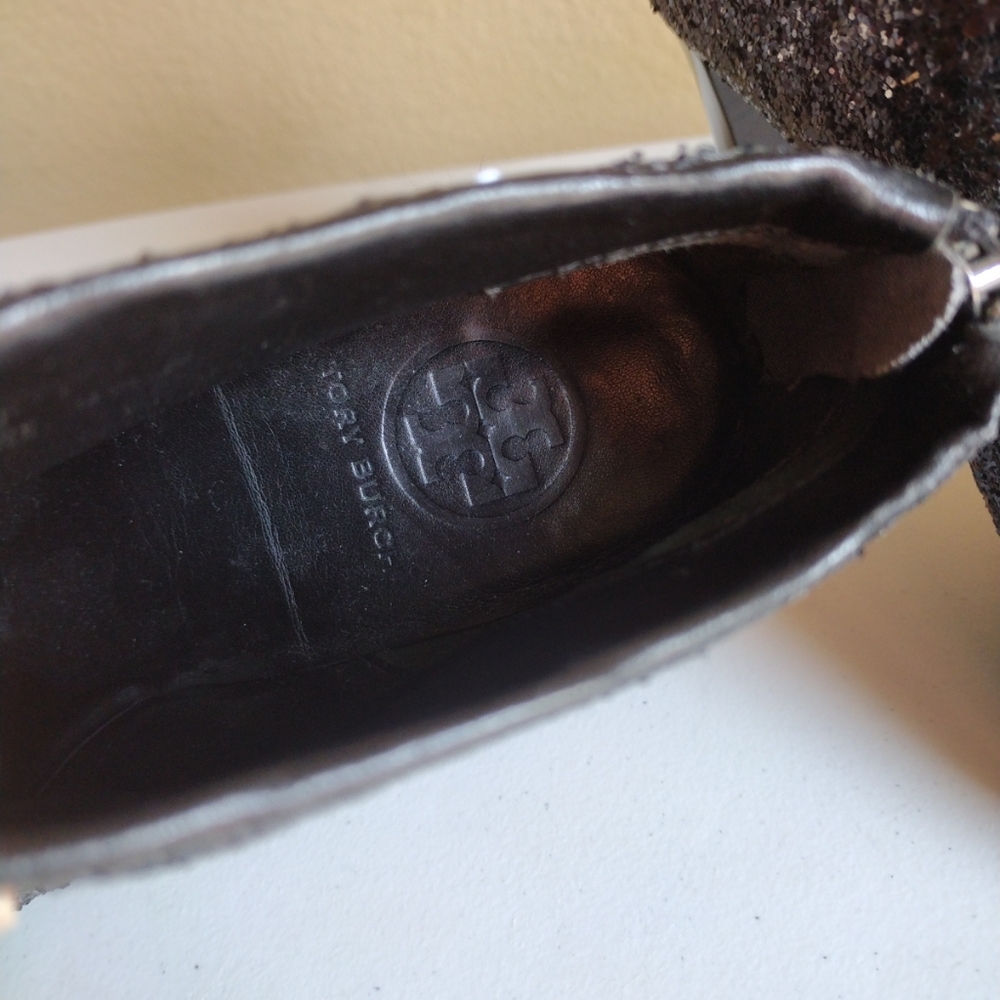 Tory Burch All That Glitters Black High Heel Ankle Booties Women's 8.5 Sparkly - Picture 3 of 10